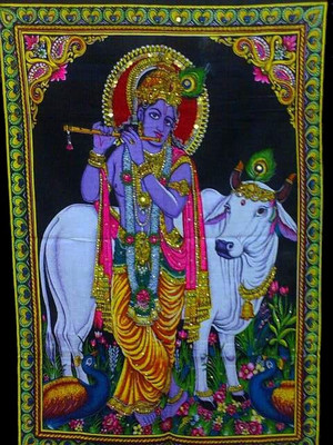 

Amazing India Lord Krishna & Cow Sequin Cotton Wall Hanging AISBM003 God Tapestry(Multicolor)