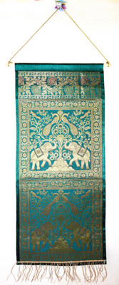 

Lal Haveli Elephant and peacock Design Brocade work Silk Pocket Wall Hanging Tapestry(Green)