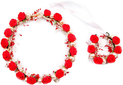 

Sanjog Splendid Red And Pearl Tiara/Crown And Hand Tiara For Wedding For Bride/bridesmaid/Birthday Girls Hair Accessory Set(Red, White)
