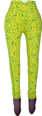 

Revinfashions Floral Print Women's Yellow Tights, Yellow with green