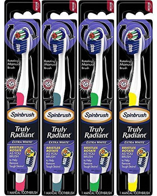 

Spinbrush Arm & Hammer Spinbrush Truly Radiant Extra White Manual, Medium, Colors Vary (4) Soft Toothbrush(Pack of 4)