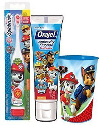 

Arm & Hammer Paw Patrol "Marshall Inspired" 3pc. Bright Smile Oral Hygiene Set! (1) Paw Patrol Turbo Power Spin (1) PAW Patrol Anticavity Fluoride Toothpaste! Plus Bonus Paw Patrol Mouthwash Rinse Cup! Soft Toothbrush