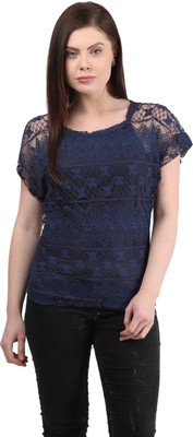 MAYRA Casual Short Sleeve Solid Women Dark Blue Top