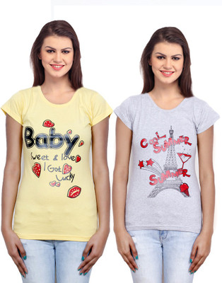 IndiWeaves Casual Short Sleeve Printed Women's Yellow, Grey Top(Size: XXL), Grey;yellow