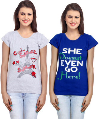 IndiWeaves Casual Short Sleeve Printed Women's Grey, Blue Top(Size: M), Blue;grey