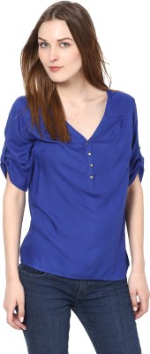 HARPA Casual Roll-up Sleeve Solid Women Blue Top