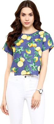 PANNKH Casual Short Sleeve Printed Women Blue Top