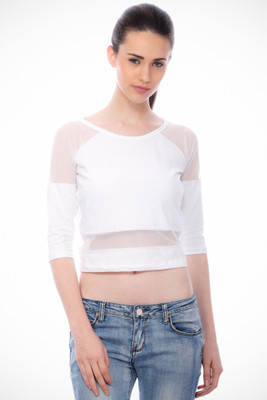 Cation Casual 3/4 Sleeve Solid Women White Top Cation Casual 3/4 Sleeve Solid Women White Top