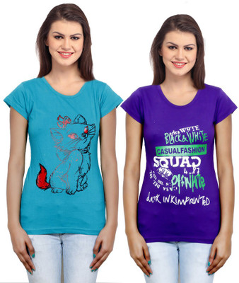 

IndiWeaves Casual Short Sleeve Printed Women's Blue, Purple Top(Size: XL)