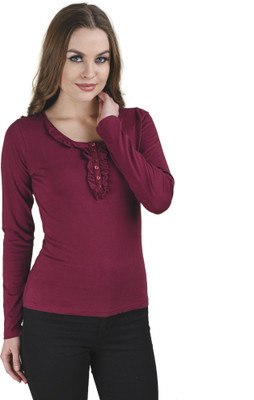 FIVE STONES Casual Full Sleeve Solid Women Maroon Top