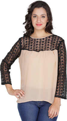MAYRA Party Regular Sleeve Self Design Women Beige Top