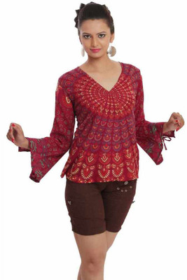 

Indi Bargain Party Full Sleeve Floral Print Women's Maroon Top