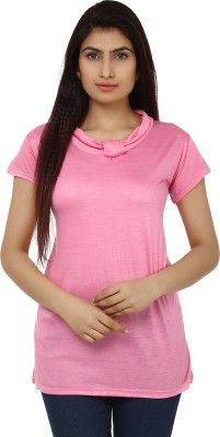 TEEMOODS Casual Short Sleeve Solid Women Pink Top