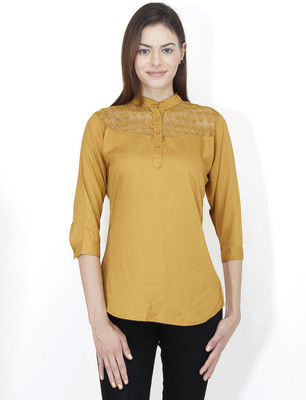 MAYRA Casual 3/4 Sleeve Solid Women Yellow Top