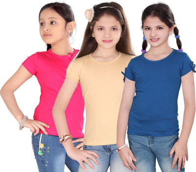 

Sini Mini Casual Cotton Top(Multicolor, Pack of 3, Pink & beige & dark blue