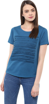 Miss Chase Casual Short Sleeve Self Design Women Blue Top