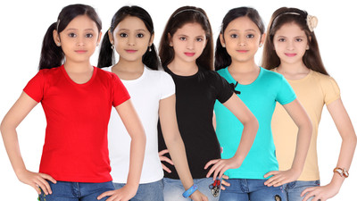 

Sini Mini Girls Casual Cotton Top(Multicolor, Pack of 5, Red & white & black & light blue & beige