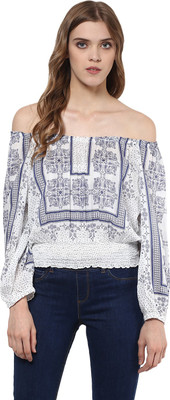 Skidlers Casual Full Sleeve Printed Women White, Blue Top