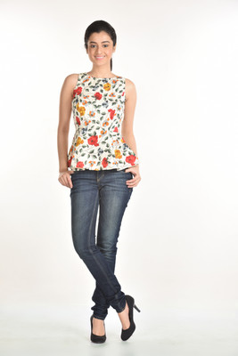 

Aaina Casual Sleeveless Floral Print Women' Beige Top, Powder white