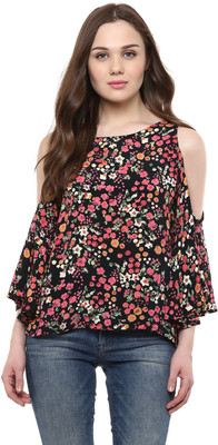 HARPA Casual 3/4 Sleeve Floral Print Women Black Top