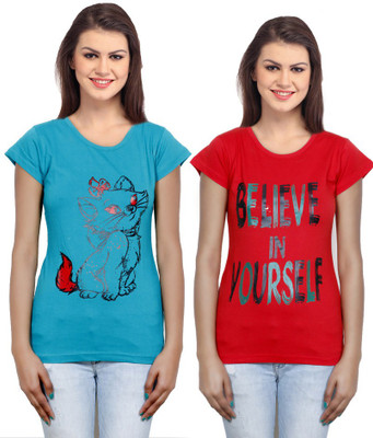 

IndiWeaves Casual Short Sleeve Printed Women's Blue, Red Top(Size: M)