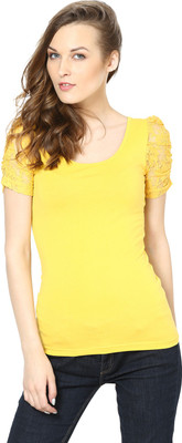 HARPA Casual Short Sleeve Lace, Solid Women Yellow Top