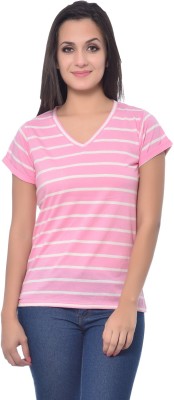 Frenchtrendz Casual Short Sleeve Striped Women White, Pink Top