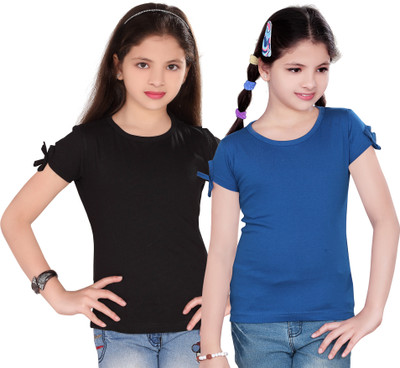

Sini Mini Girls Casual Cotton Top(Dark Blue, Pack of 2, Black & dark blue