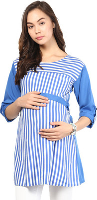 

Mine4Nine Casual Roll-up Sleeve Striped Women's Blue Top