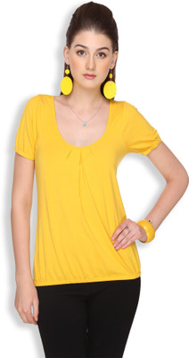 

Ten on Ten Solid Women's Round Neck Yellow T-Shirt