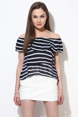 VENI VIDI VICI Casual Short Sleeve Striped Women Black Top