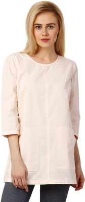 Oxolloxo Casual 3/4 Sleeve Solid Women Beige Top