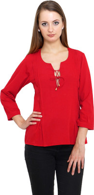 Kooo Casual 3/4 Sleeve Solid Women Red Top