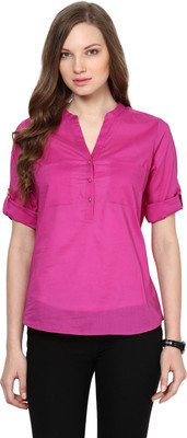HARPA Casual Roll-up Sleeve Solid Women Purple Top