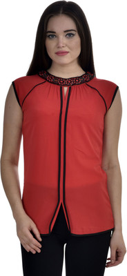 Femninora Party 3/4 Sleeve Solid Women Red, Black Top