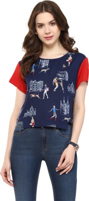 PANNKH Casual Short Sleeve Printed Women Dark Blue Top