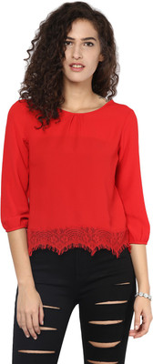 HARPA Casual 3/4 Sleeve Solid Women Red Top