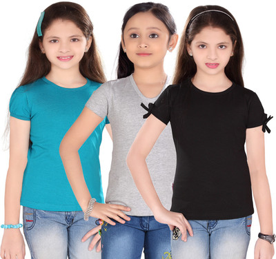 

Sini Mini Girls Casual Cotton Top(Multicolor, Pack of 3, Blue & silver & black