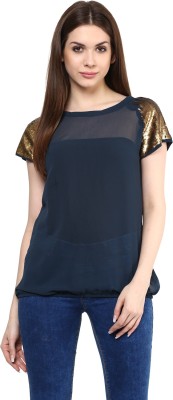 MAYRA Party Short Sleeve Embellished Women Dark Blue Top