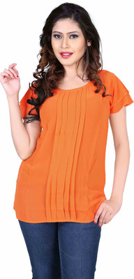 

Aasvaa Casual Short Sleeve Solid Women's Orange Top