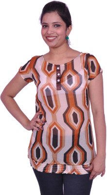 

Jevaraz Casual Short Sleeve Geometric Print Women's Brown, Multicolor Top