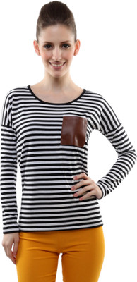 Miss Chase Casual Full Sleeve Striped Women White, Black Top