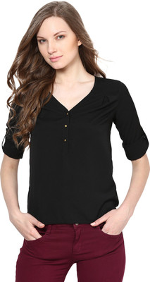HARPA Casual 3/4 Sleeve Solid Women Black Top