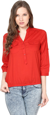 HARPA Casual Roll-up Sleeve Solid Women Red Top