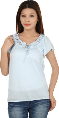 

Kotty Casual Butterfly Sleeve Solid Women's Light Blue Top