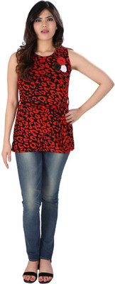 

Dovekie Casual Sleeveless Self Design Women's Red, Black Top, Black;red