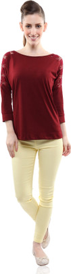 Miss Chase Party 3/4 Sleeve Solid Women Maroon Top