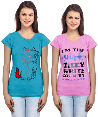 IndiWeaves Casual Short Sleeve Printed Women Blue, Pink Top