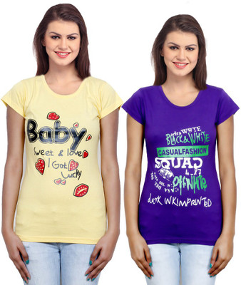 

IndiWeaves Casual Short Sleeve Printed Women's Yellow, Purple Top(Size: M), Purple;yellow
