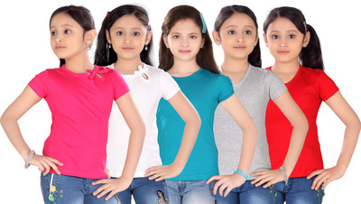 

Sini Mini Girls Casual Cotton Top(Multicolor, Pack of 5, Pink & white & blue & silver & red